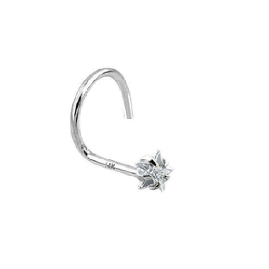Nose Screw Ring with Prong Set CZ Centered Star 14Kt Solid White Gold 20g