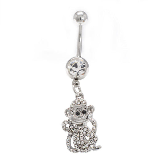 Belly Button Ring 14G Cute Dangle Clear CZ Gems Monkey Chimpanzee Navel Jewelry