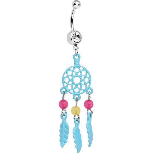 14ga Dream Catcher with Blue Feather Dangle Belly Navel Piercing Ring