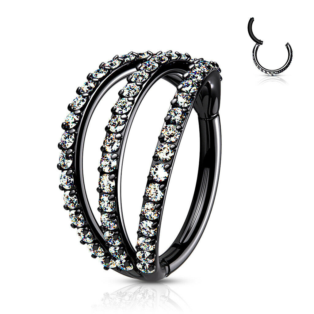 Hinged Segment Hoop Rings with Triple Layer Paved CZ Surgical Steel