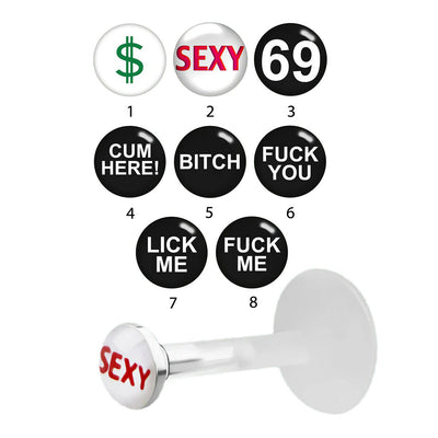 CLEAR PTFE FLEXI TRAGUS LABRET CHIN PIERCING 16G/1.2MM WITH A 3MM FLAT SILVER TOPS WITH "BAD WORDS" LOGO 8MM LEANGTH