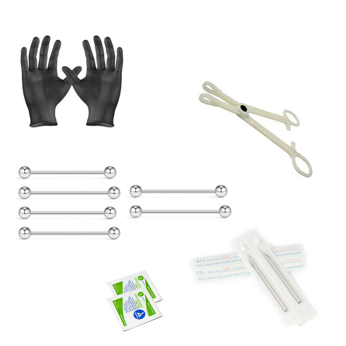12-Piece Industrial Barbells Piercing Kit - Includes (6) 14g Industrial Barbells, (2) Needles, (1) Forceps, (2) Alcohol Wipes and a Pair of Gloves