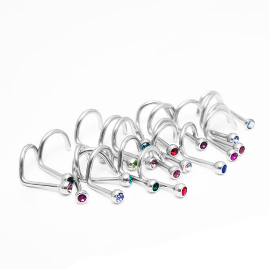 Nose Piercing Jewelry Mix - 10 Assorted CZ Gem Nose Screws - 18ga 316L Steel