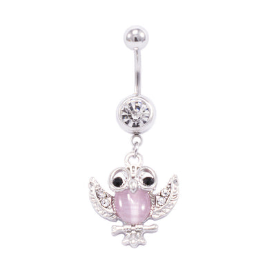 Owl Design 14G 316L Dangle Belly Button Ring with Pink Opal Stone
