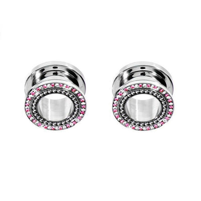 Pair of Tunnels Screw Fit Surgical Steel with 2 Color Cubic Zirconia Jewels