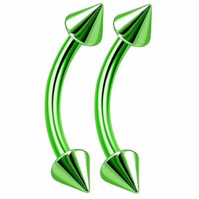 Eyebrow Barbells Curved Anodized Metallic Green Spike End Sold as a Pair 16ga