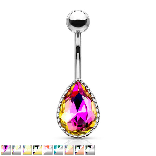 Belly Button Ring with AB Effect Tear Drop Glass Stone 14ga Surgical Steel Sold