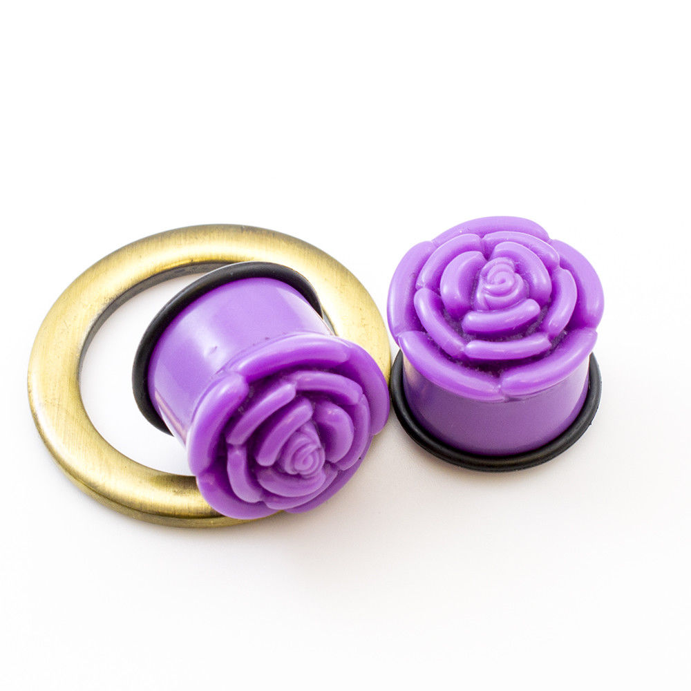 Acrylic Ear Plugs with Roses Design and O ring Multiple Sizes Available