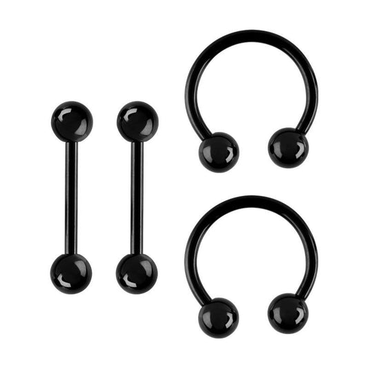Set Of 4 Barbells and Horse Shoe Tongue Nipple Rings Black Ion Plated over 14G