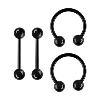 Set Of 4 Barbells and Horse Shoe Tongue Nipple Rings Black Ion Plated over 14G