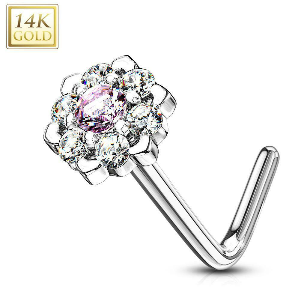 Nose Ring L-Bend with Prong CZ Gem Paved Outer Circle 6 Point Flower 14kt GD 20g