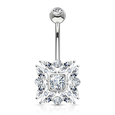 Navel Ring 14 Karat Solid Gold with Round and Marquise Cut CZs 14ga