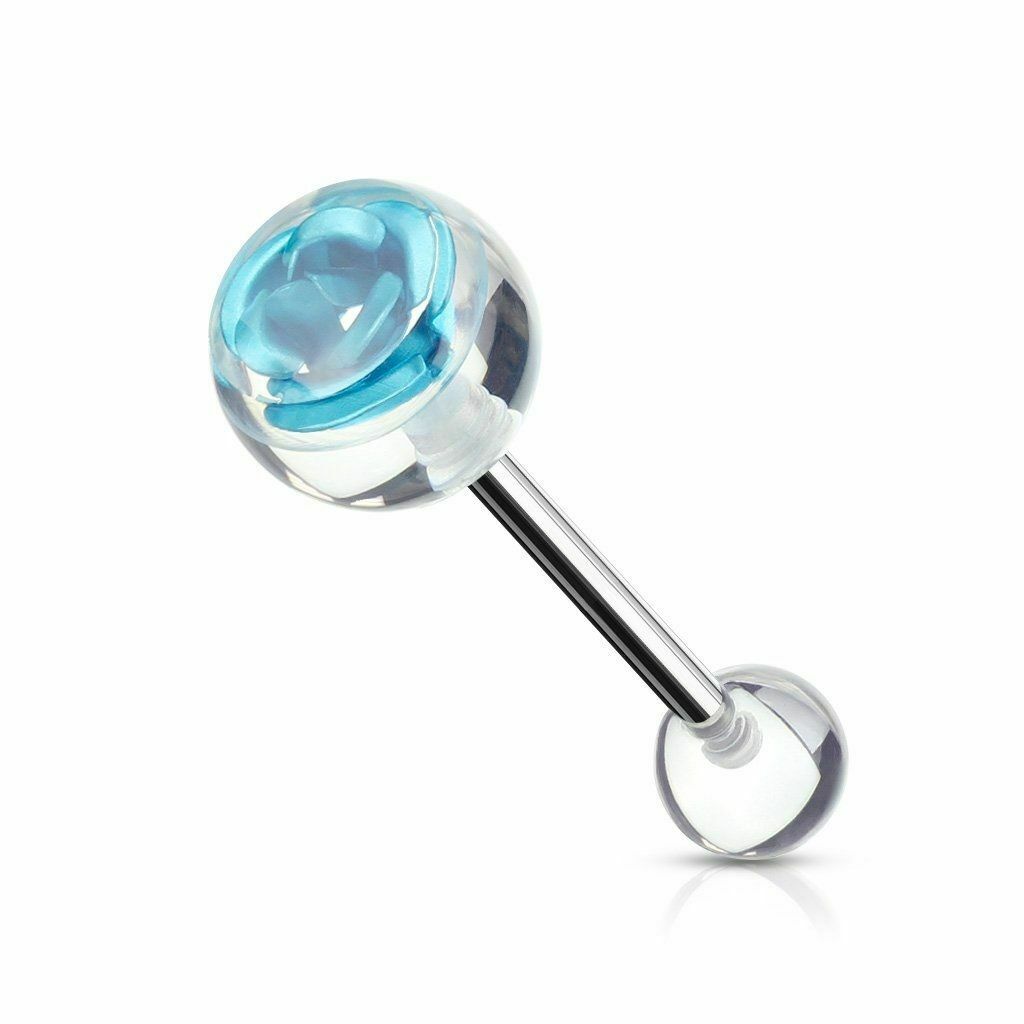 Tongue Barbell with Metal Rose Embedded in Clear Ball Top Surgical Steel 14ga