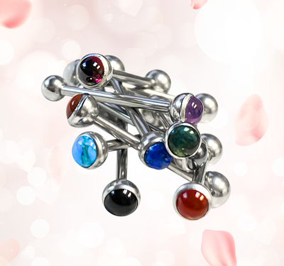 Tongue rings Barbells surgical steel with Semi precious stone top Ball 10 pack