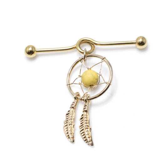 Gold Anodized 14G Industrial Barbell w/ Dream Catcher Dangle