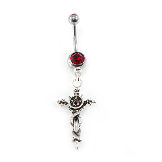 Belly Button Ring with Vintage Sword Dangle Design and Red Cubic Zirconia Gems