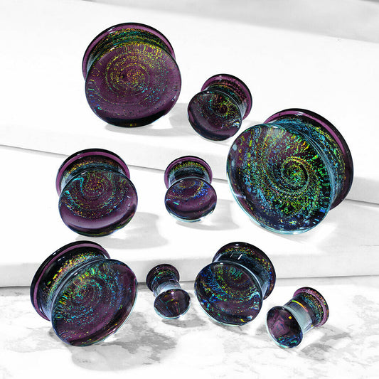 Flared Glass Plugs Purple Galaxy Swirl Double - Sold as Pair