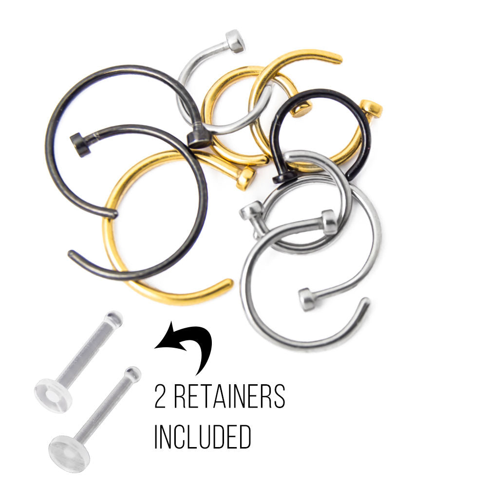 10 Nose Ring Hoops 18G 20G Mixed Lengths & 2 Piercing Retainers - 12-Pieces