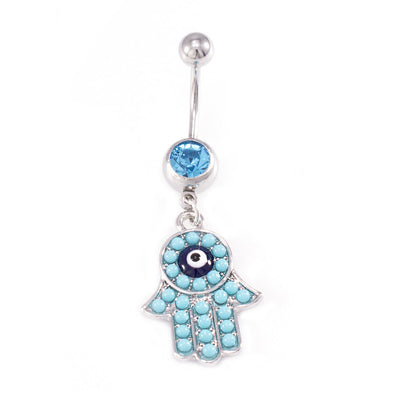 Belly Button Rings Hamsa Hand Dangle Design and Aqua CZ Jewels / Navel Piercing