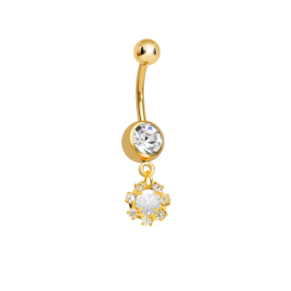 Gold Ion-Plated Dangle-Style Belly Ring with CZ Gem Cluster