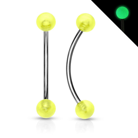 Pair of Curved Barbell with Glow in the Dark Ball Ends for Snake Eye Piercing and More