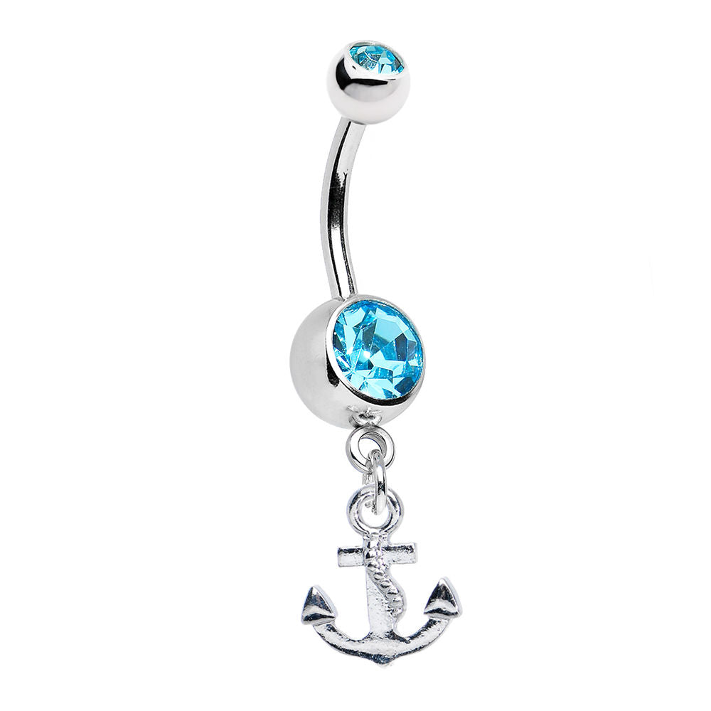 Belly Navel Ring - Aqua CZ Gems with Anchor Dangle - 14ga 316L Surgical Steel