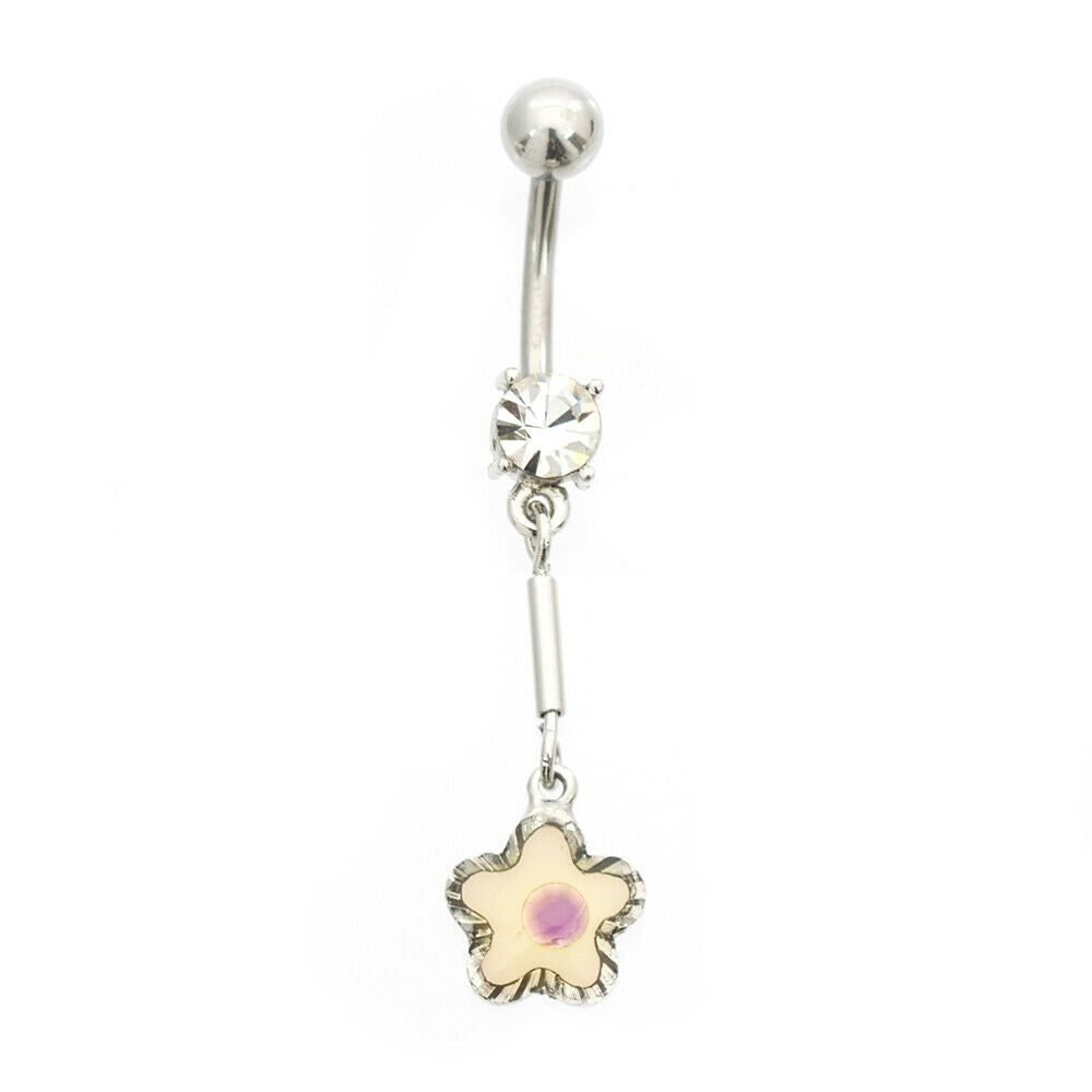 Navel Ring with Flower and Cubic Zirconia Stone 14g