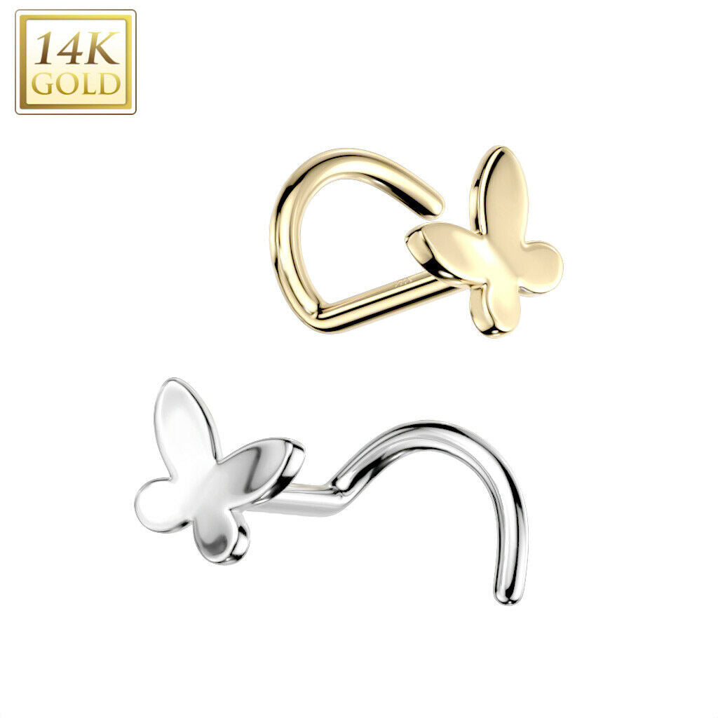 Nose Screw Rings With Butterfly Top 14K Solid Gold 20G fit most nose piercings