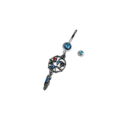 Belly Navel Dangle Ring Surgical Steel Dreamcatcher with Blue CZ Jewel 14g