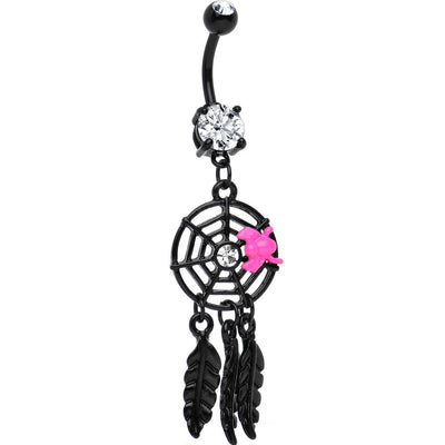 14ga Dream Catcher Spider Web Belly Ring Dangle Black I.P. w/ Feathers