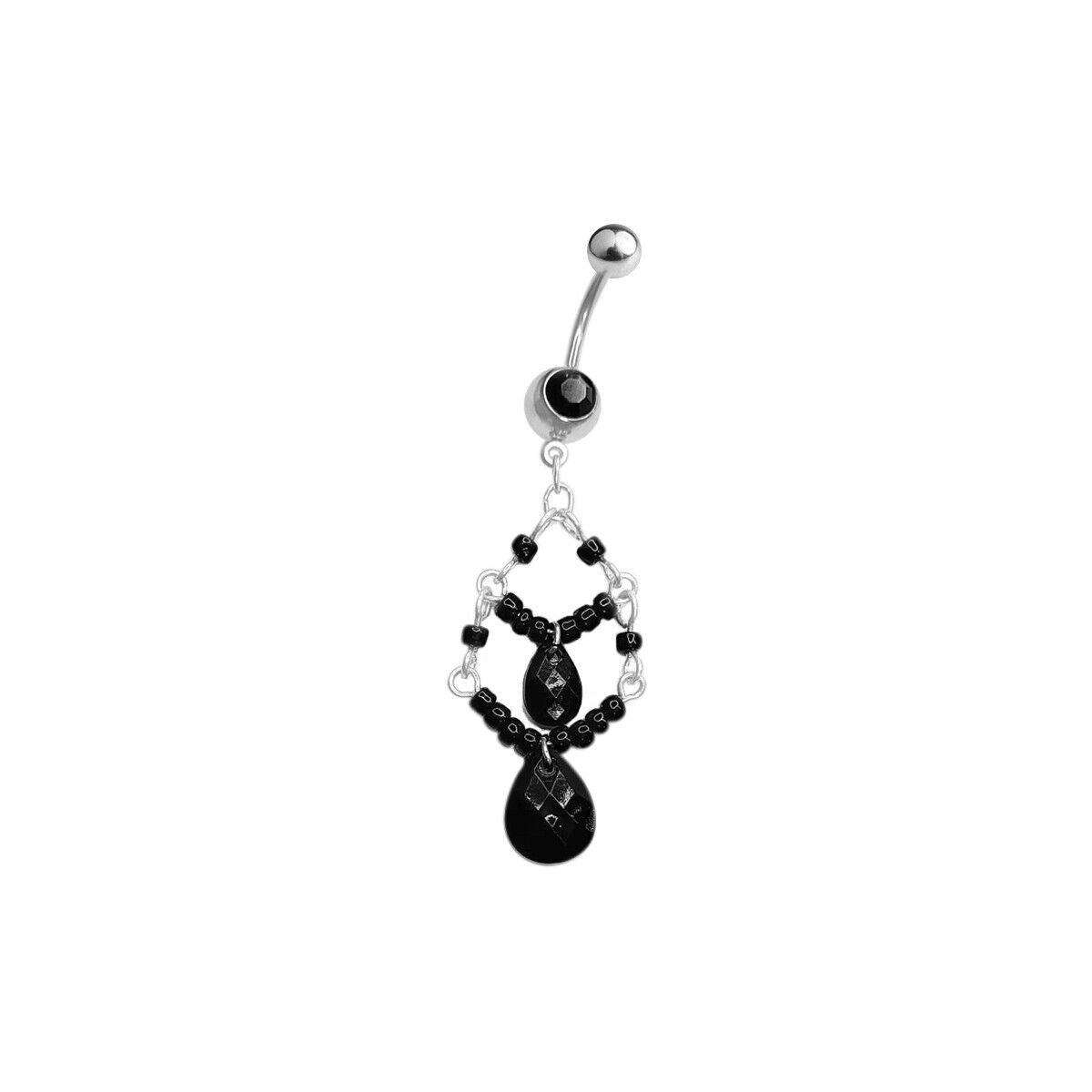 Belly Navel Ring Dangle with 2 Tiered Black Beads Gothic Art Deco Style 14G