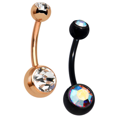 Pair of Navel Rings - Titanium Anodized Dual-CZ Belly Rings - 14ga 316L Steel