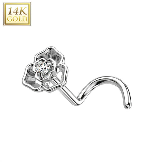 Nose Screw Rings With CZ Centered Flower top 14K solid gold 20G nose piercings