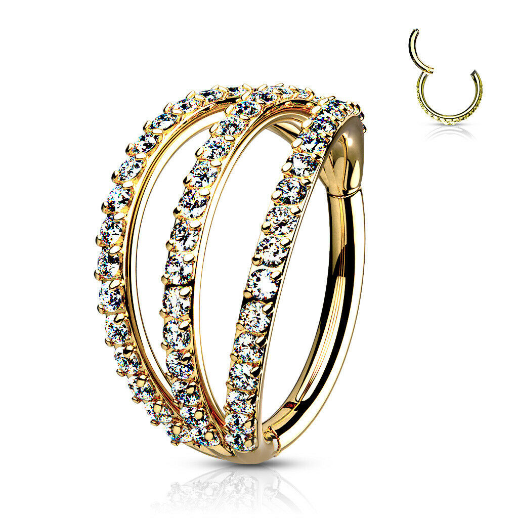 Hinged Segment Hoop Rings with Triple Layer Paved CZ Surgical Steel