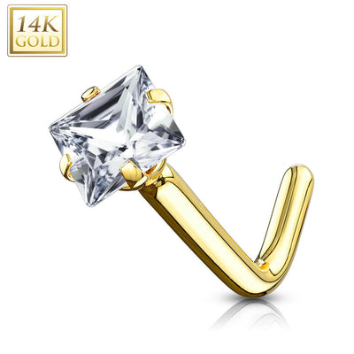Nose Ring L-Bend with Prong Set Square CZ Made of 14Kt Gold 20g