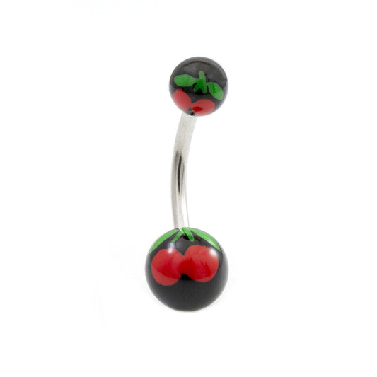 Navel Ring with Black ball and Cherry Design 14g