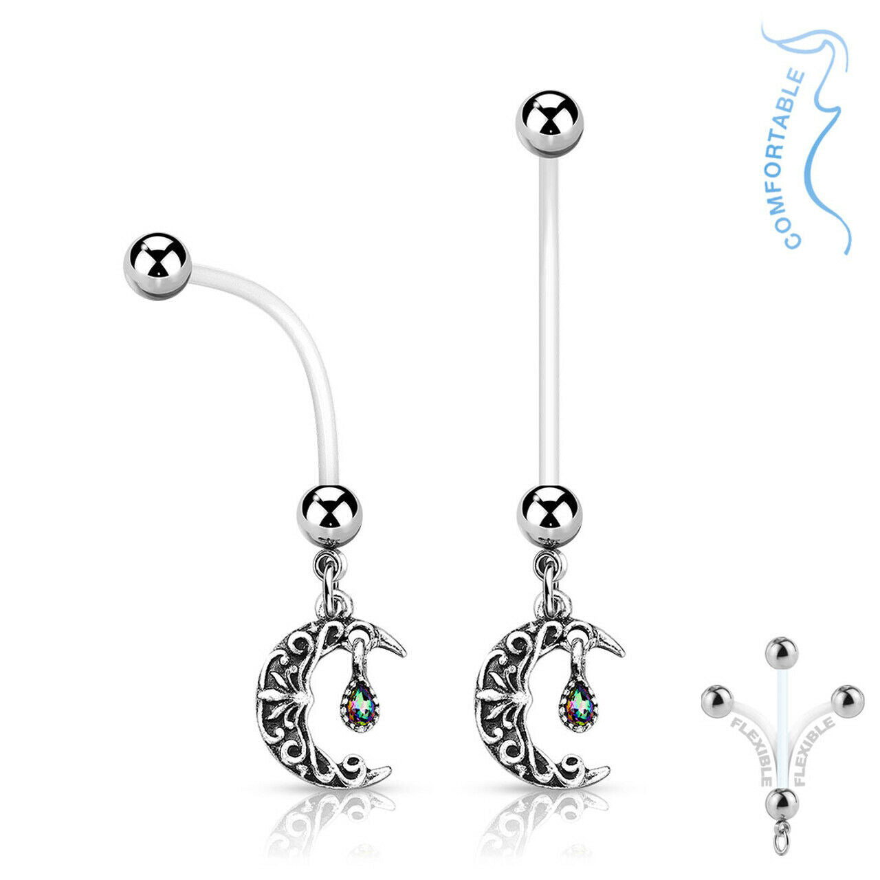 Pregnancy Belly Naval Ring Bioflex with Crescent Moon Surgical Steel Balls