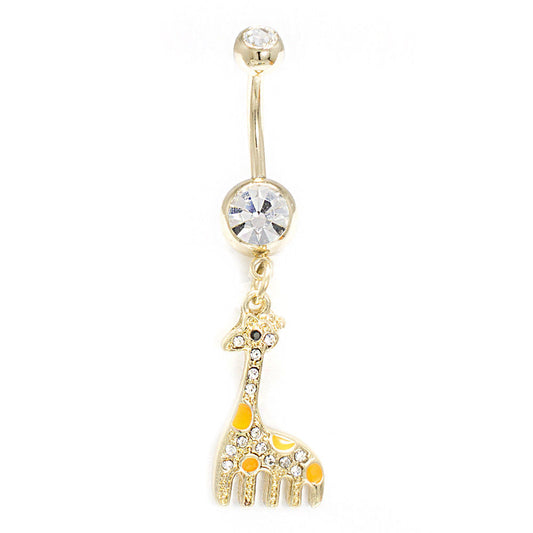 Belly Button Ring 14G Dangle Gold IP Giraffe Clear CZ Gem Navel Piercing Jewelry