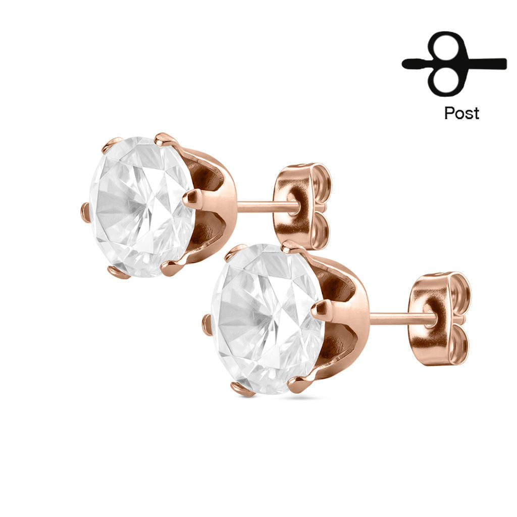 Stud Earring with Round CZ Rose Gold IP Over 316L Stainless Steel -1Pair