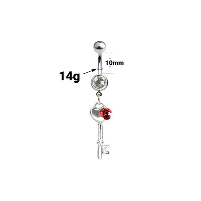 Belly Navel Dangle Ring Key with Red Rose and CZ Gem Design 14g