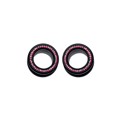 Pair of Screw Fit Black Ion Plated Flare Tunnels with Press Fit Pink CZ Jewels