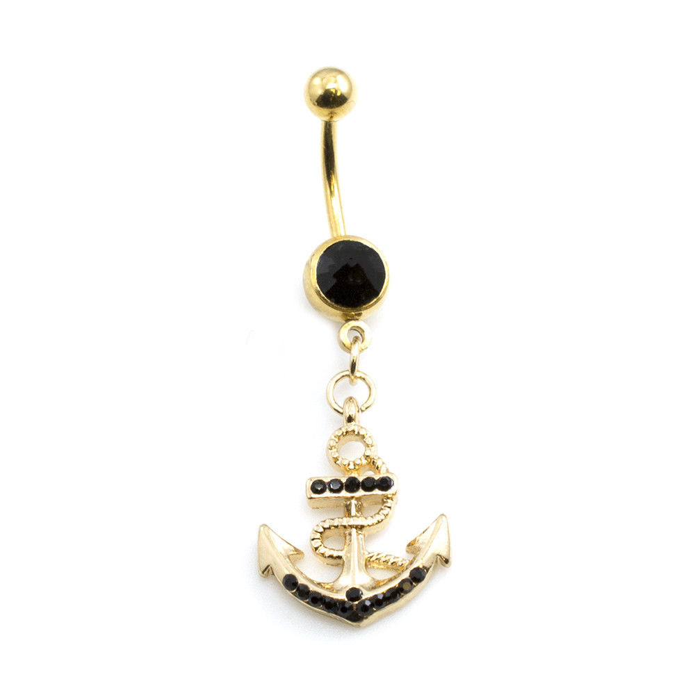 Belly Button Ring with Anchor Design and Multiple Cubic Zirconia Stones 14g