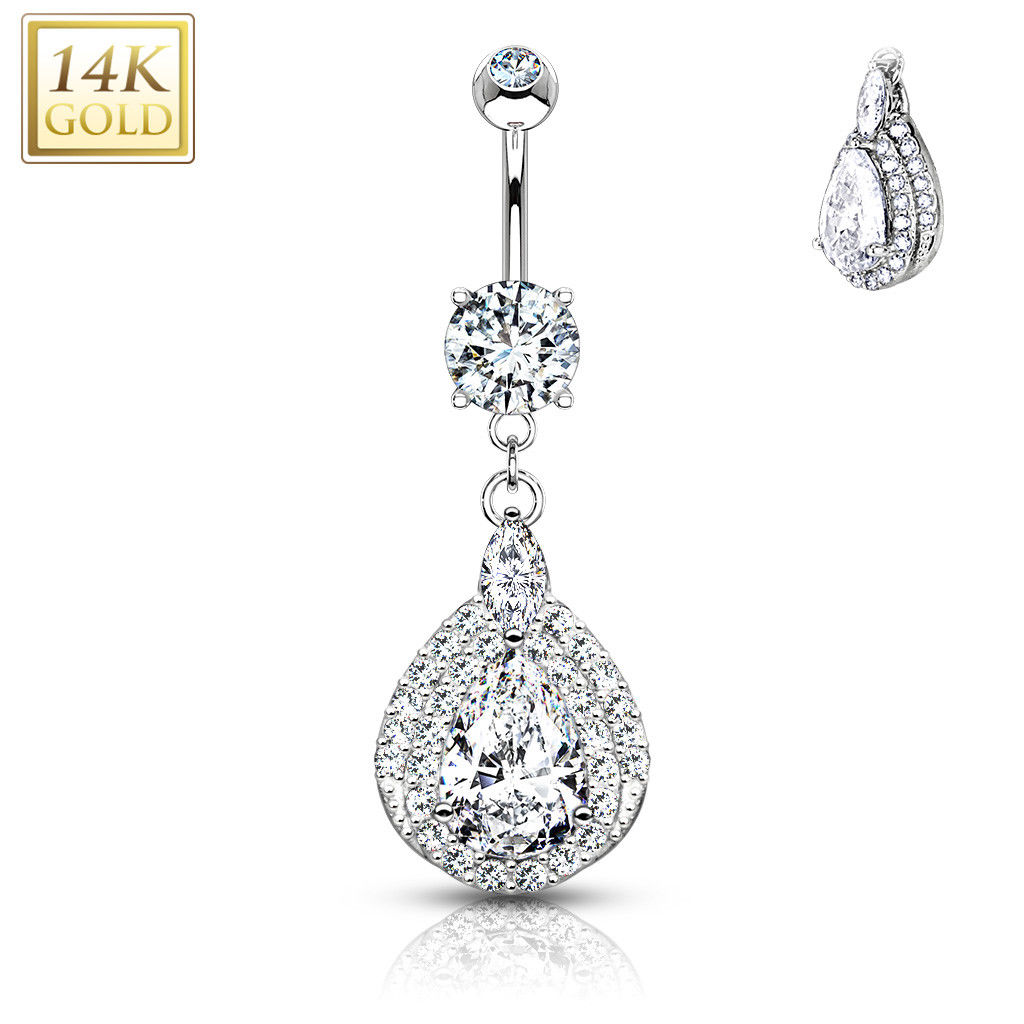 Navel Ring 14kt Solid Gold Three Tiered Tear Drop Design with Cubic Zirconia 14g