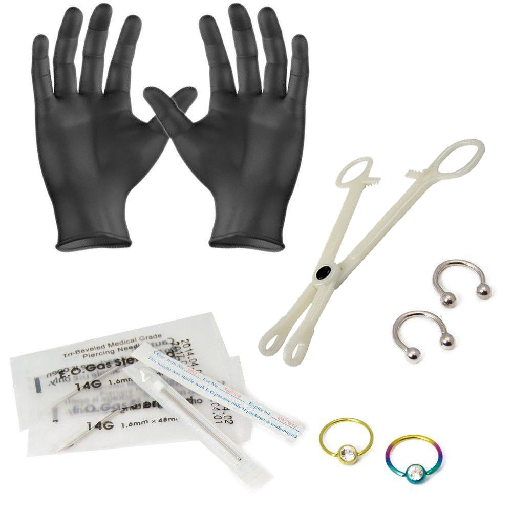 10 Pcs. Piercing Kit incl. Captives Horseshoes Needles Forceps Gloves