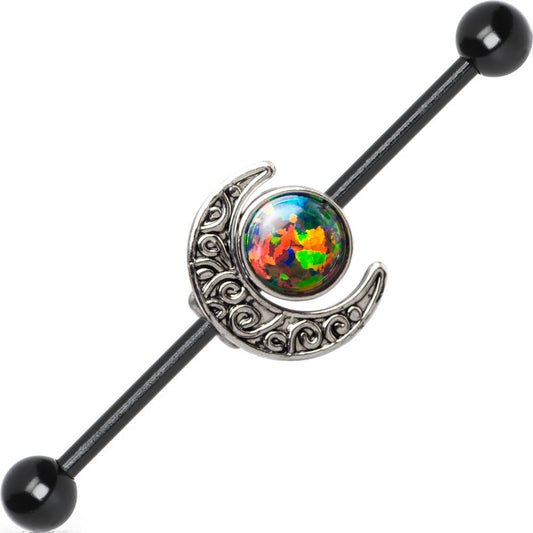 Industrial Barbell Opal and Moon Charms 14ga Cartilage 316L Steel + Extra Bar