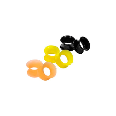 3 Pairs Thin Silicone Flexible Ear Skin Tunnels - Black, Yellow, Orange Set