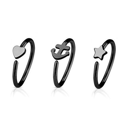 Nose Ring 20G 3-Pack Heart Anchor & Star Hoop Rings Cartilage Piercing Jewelry