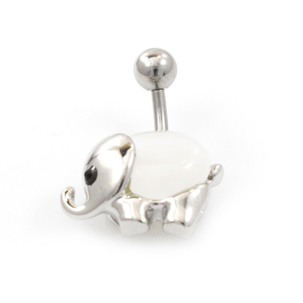 Belly Button Ring with Elephant Design and a Big Opalite Stone 14G