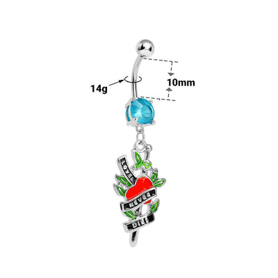 Belly Navel Dangle Ring 14g Surgical Steel Love Never Dies Tattoo Charm Blue CZ