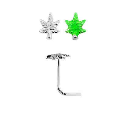 Nose stud L shaped Sterling Silver Pot Leaf design 22 gauge